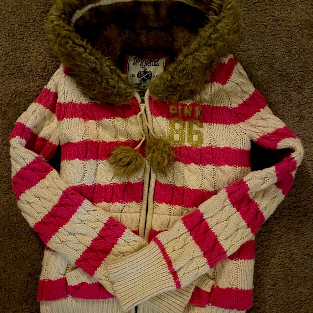 VS pink hooded fur lined coat